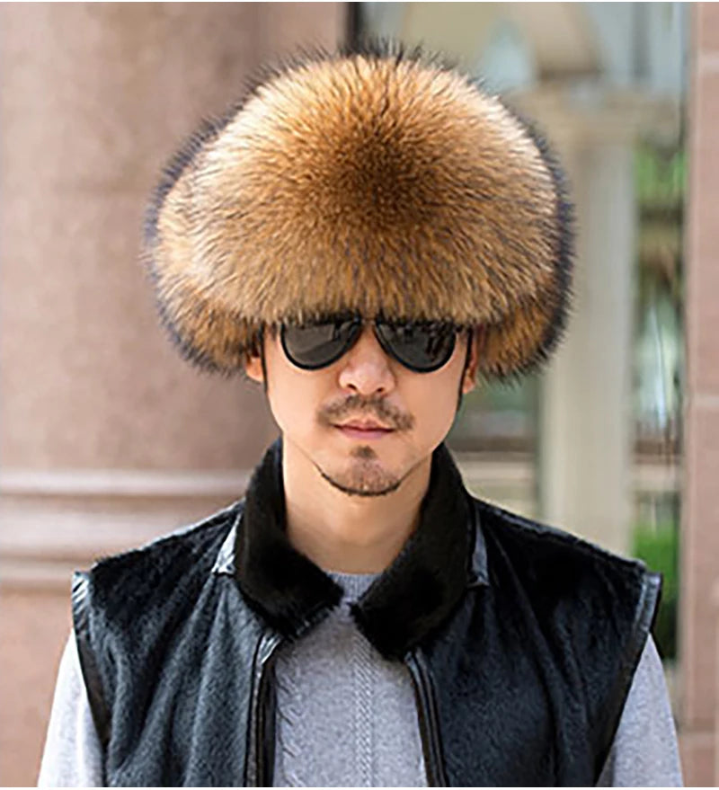 Winter Men's 100% Real Silver Fox Fur Bomber Hat Raccoon Fur Ushanka Cap Trapper Russian Man Ski Hats Caps Real Leather