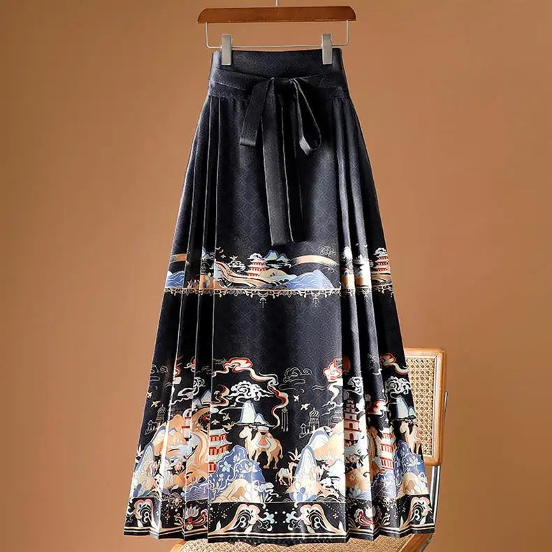 Vintage Maxi Chinese Style Horse Face Skirts for Women Saia One-piece Long Hanfu Pleated Skirt Woman Clothing Faldas Harajuku - reetell