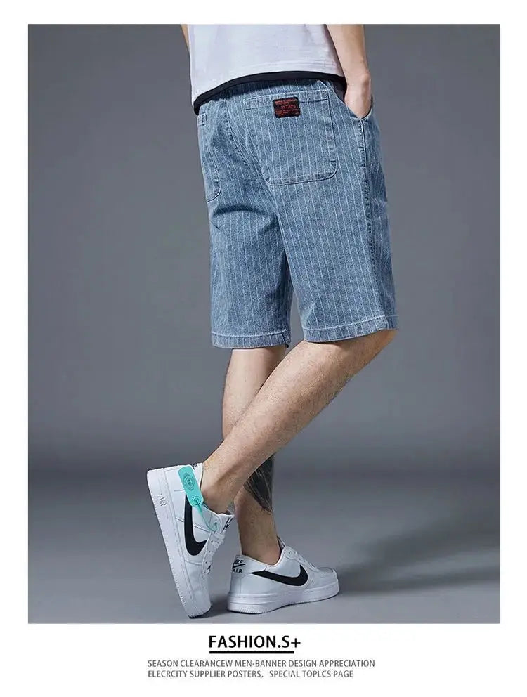 Summer Men Casual Striped Denim Shorts Koreon Streetwear Fashion Elastic Waist Baggy Male Thin Beach Sports Knee Length Jeans - reetell