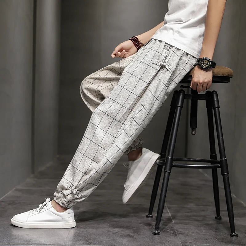 Cotton Linen Pants for Men New Trend Disc Buckle Hallen Pants Man Spring Summer Comfortable Breathable Casual Pants