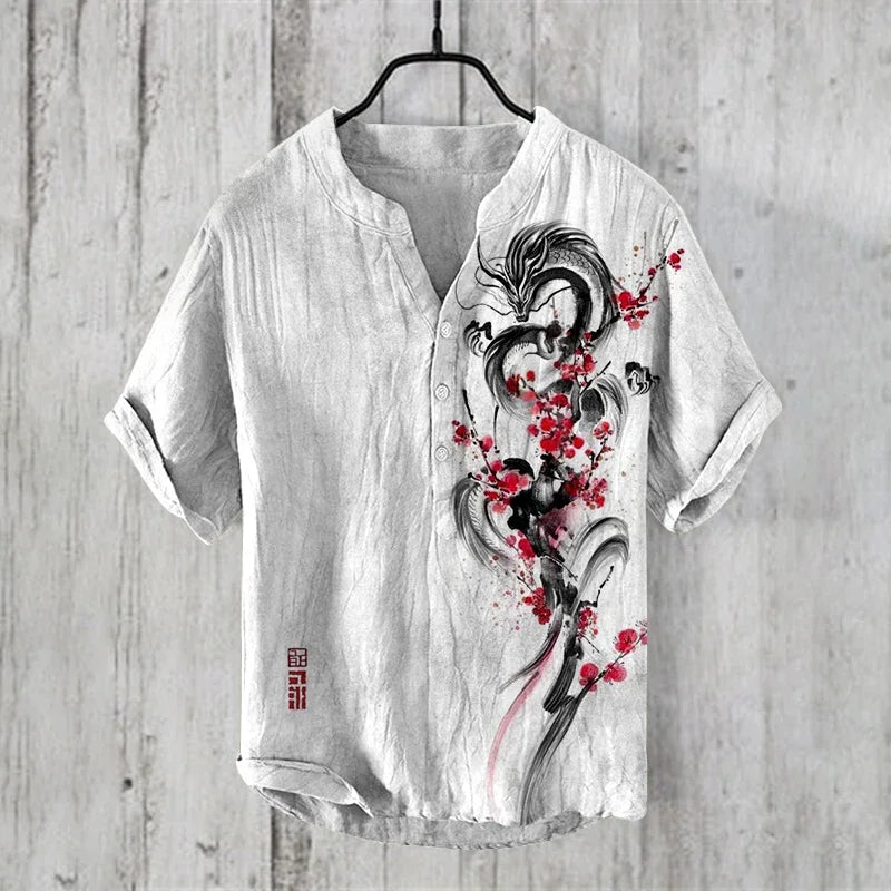 New 2024 Japanese-style 3D Print Vintage Henley Shirts Men's Fashion Short Sleeve T Shirt Tees Tops Clothing