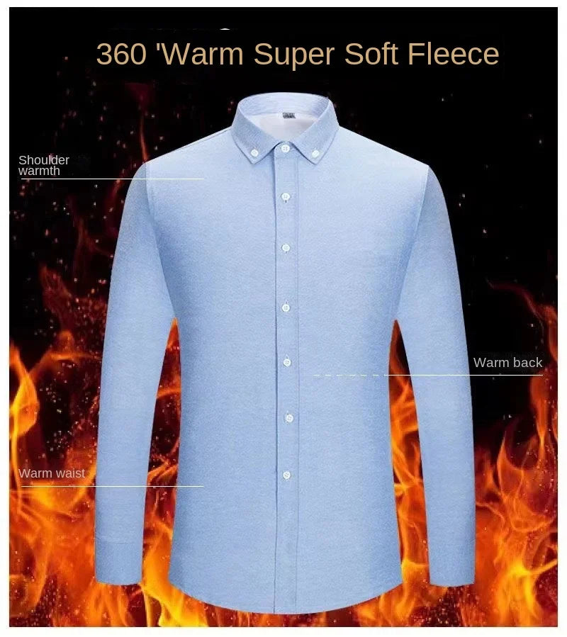 Autumn Winter Men's Striped Warm Non-ironing Long Sleeve Fleece Thickened Oxford Spinning Business Casual Shirts Men's Clothing