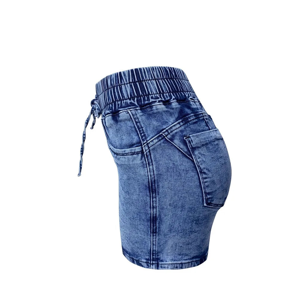 Women Summer Denim Shorts Ladies Elastic Waist Bandage Jeans Skinny Short Pants Feminina - reetell