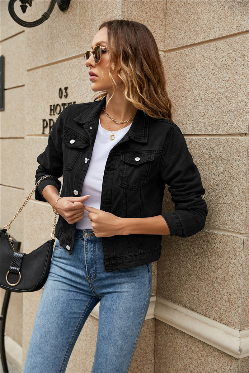 Women's Denim Jackets Fashion Female Casual Long Sleeve Lapel Solid Button Down Chest Pocket Slim Jean Jacket Fall Winter Coat