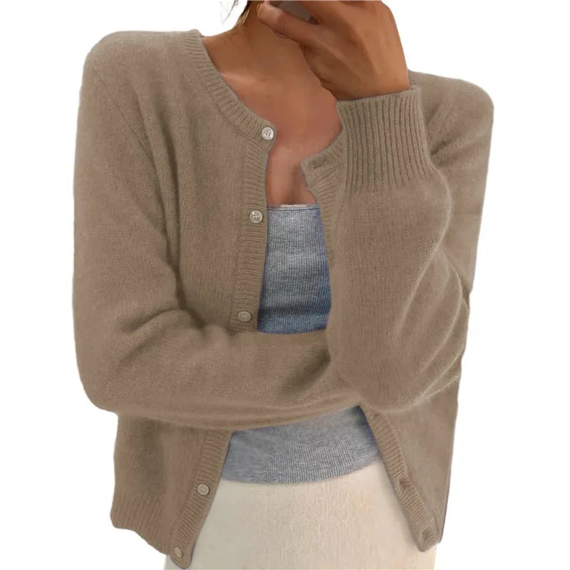 Solid Color Knitted Cardigan Women Korean Single Breasted Long Sleeve Jumper Woman Round Neck All Match Cardigans Outwear 2024 - reetell