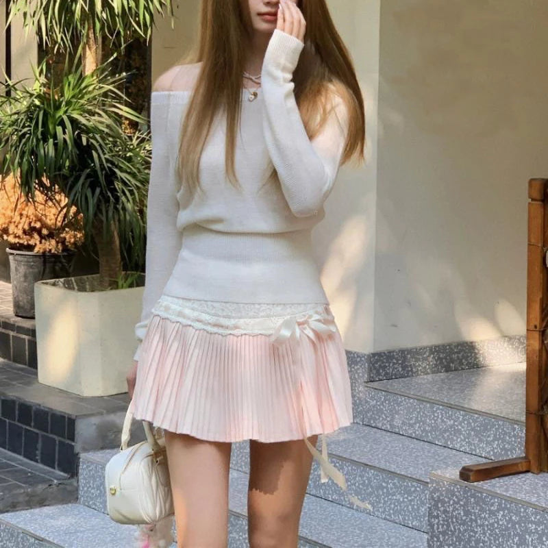 Deeptown Coquette Pleated Skirt Women Fairycore Elegant Mini Skirts Kawaii Sweet Lace Up Bow Cute Fanshion Summer Short Skirt - reetell