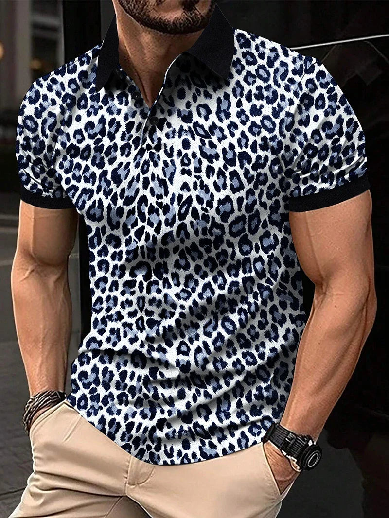 1pc New Men's Fashion T-shirt Leopard Print Short Sleeve Breathable Lapel  Men Clothing