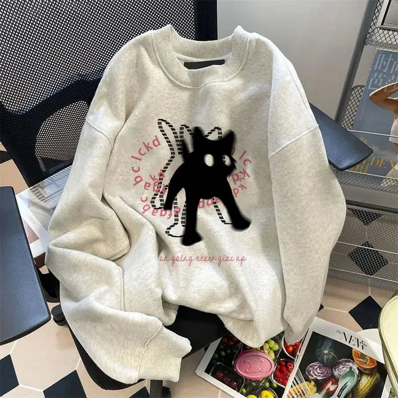 Cat Letter Print Hoodies Women Clothes O-neck Casual Fashion Thicked Y2k Tops 2024 Ropa Mujer Streetwear Sweatshirts Ropa Mujer - reetell