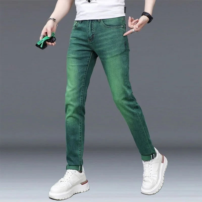 2024 Spring and Autumn New Fashion Trend Straight Leg Stretch Green Jeans Men's Casual Comfort Breathable High Quality Pants - reetell