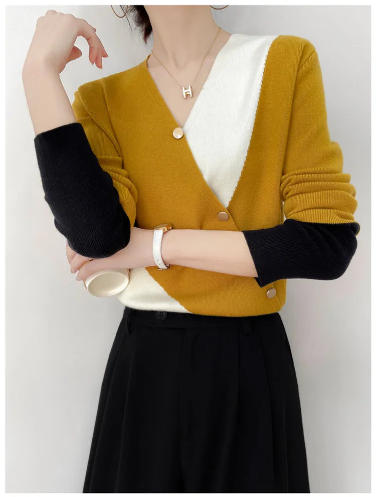 Women's Cashmere Sweater Spring Colorblock Sweater Women Casual Pullover Ladies Knitwear Fashion Sweater Female Thin Inner Top - reetell