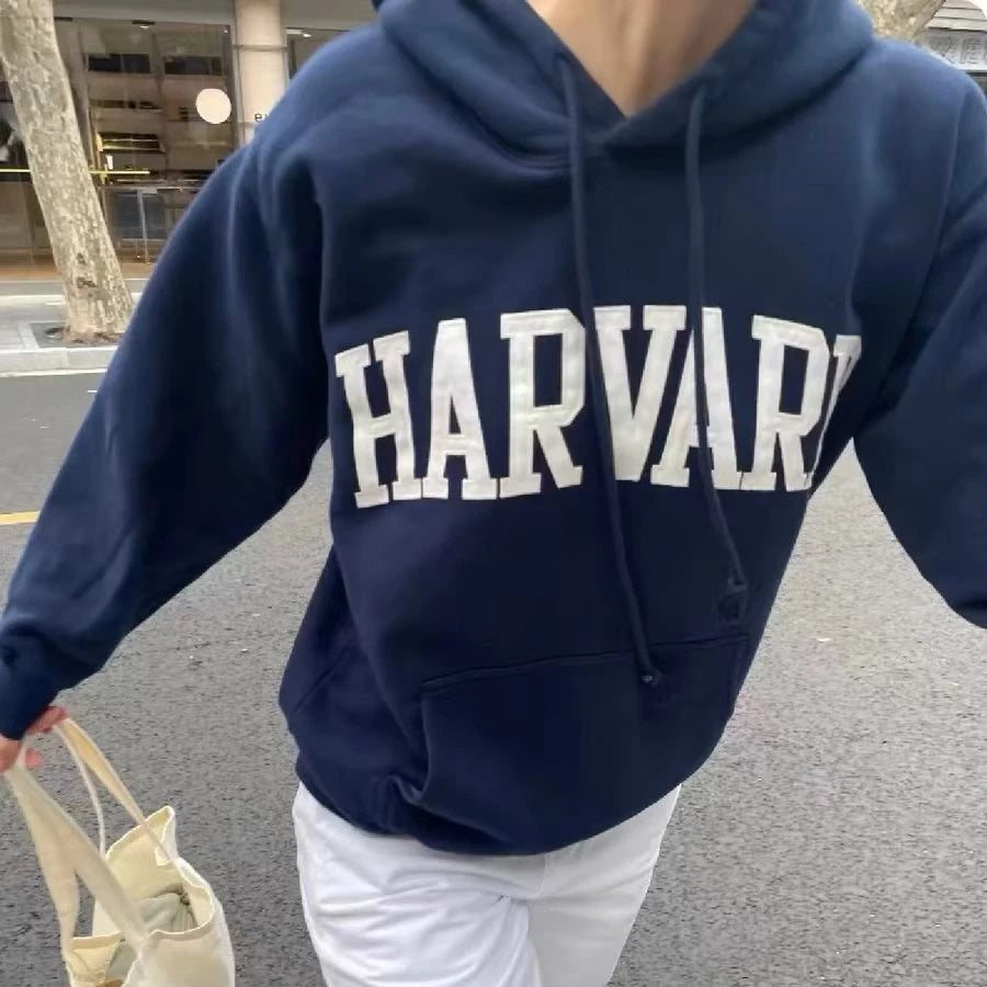 Casual Women Cotton Navy HARVARD Embroidered Hoodies 2023 Fall Vintage Long Sleeves Sweatshirts Female Loose Pullovers - reetell