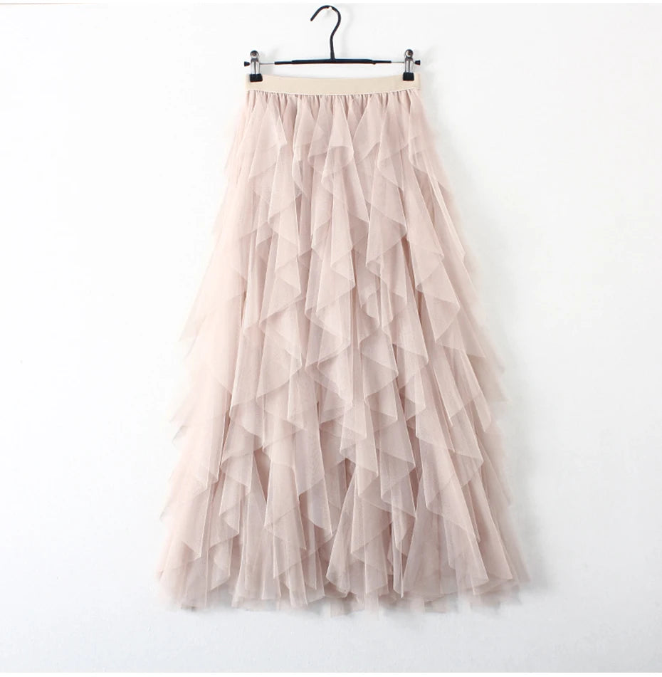 Tutu Tulle Long Maxi Skirt Women Fashion 2022 Korean Cute Pink High Waist Pleated Skirt Mesh Female Lady Aesthetic Faldas - reetell