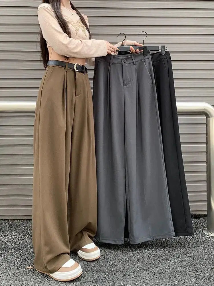 QWEEK Elegant Baggy Gray Suits Pants Woman Oversized Office Ladies Casual Korean Fashion Classical Trousers High Waist Summer - reetell