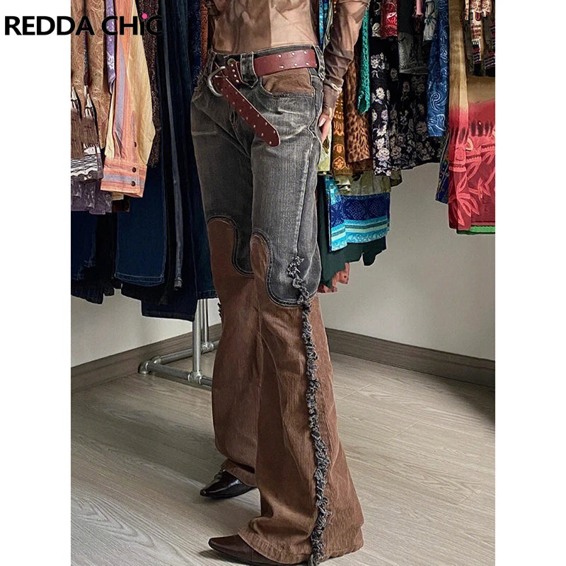 ReddaChic Wastelan Hipster Flared Jeans Women 2023 Trend Patchwork Wide Pants with Side Tassels High Rise Vintage Autumn Clothes - reetell