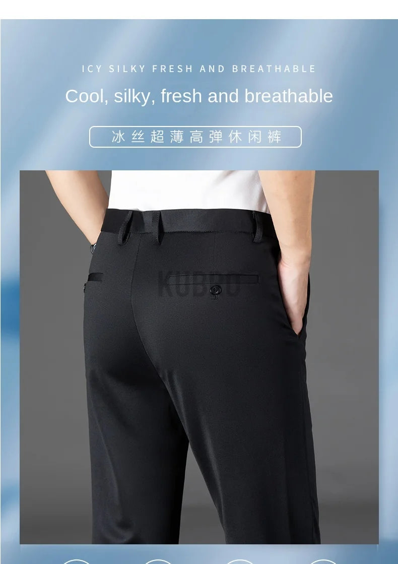 KUBRO Men's Summer Thin Fashion Business Casual Suit Pants Long Pants Men's Elastic Straight Sleeve Formal Pants Plus Size 2024 - reetell