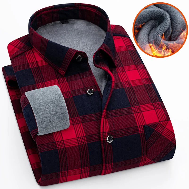 Autumn Winter Thicken Fleece Shirt Men Business Plaid Shirt Long Sleeve Warm Clothes Turn Down Collar Button Up Shirts Classic - reetell