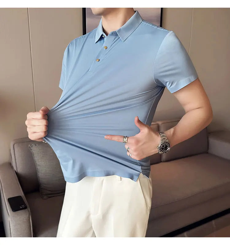 Ice Silk Traceless T-shirt Men's  Business Casual Solid Color Half Sleeve High Elasticity Top Silk Smooth Breathable POLO Shirt