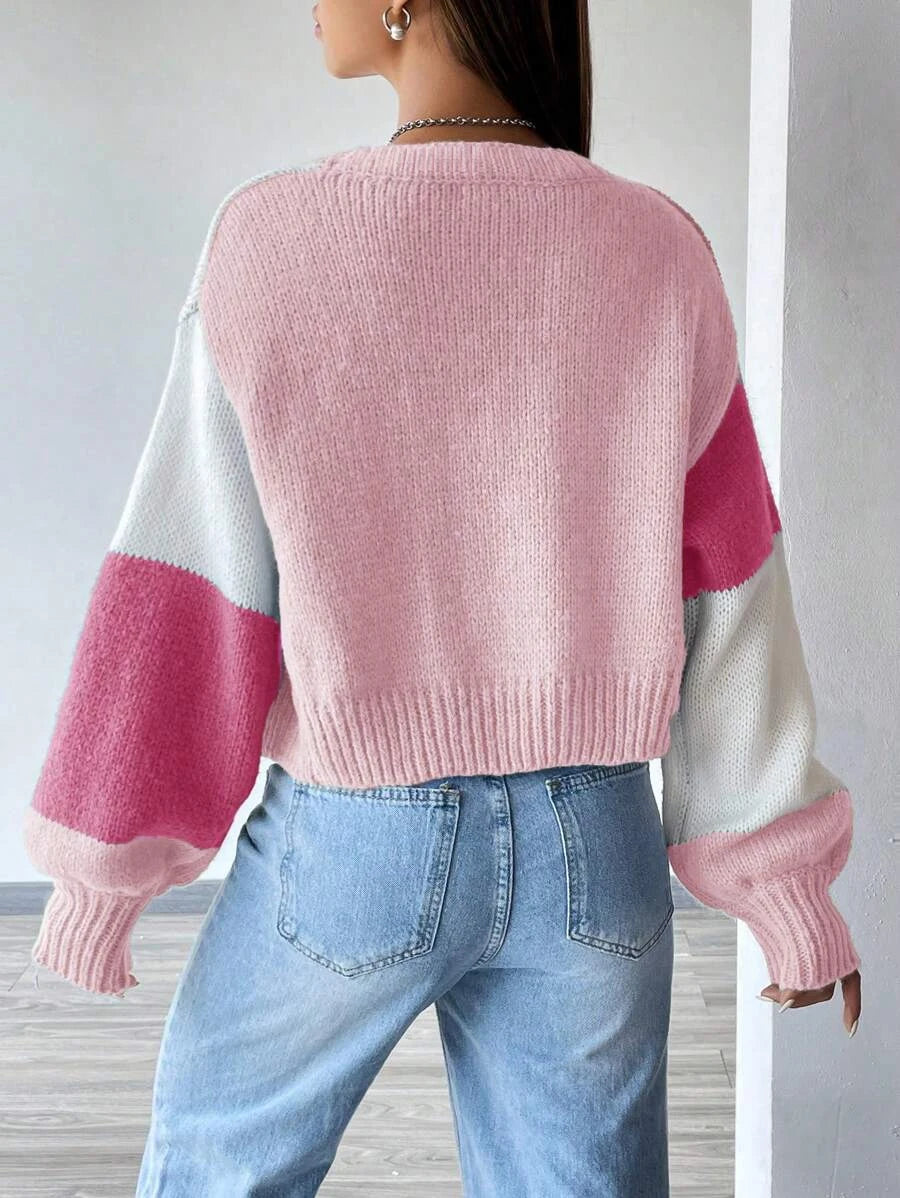 Color Block Open Front Knit Cardigan Casual Lantern Sleeve Crop Sweater Women's Clothing - reetell