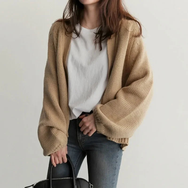 Autumn Winter Loose Women's Cardigan Jacket Solid Color Korean Version Fashion Casual Short Style Knitted Long-Sleeved Cardigan - reetell