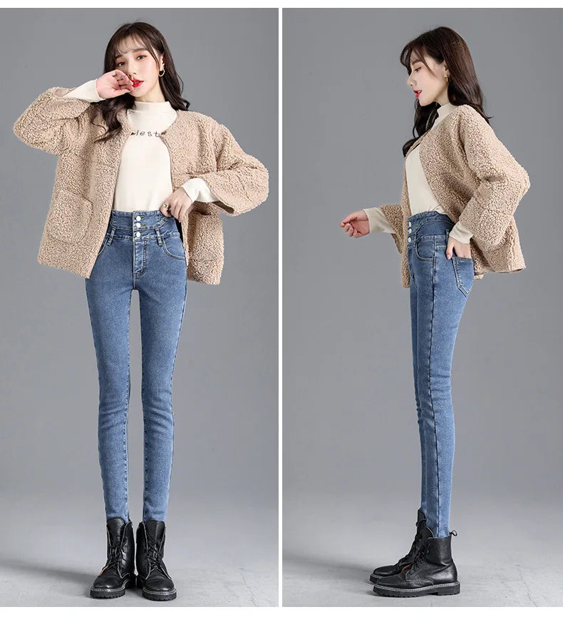 Thermal Winter Thick Fleece High-waist Warm Skinny Jeans Thick Women Stretch Button Pencil Pants Mom Casual Velvet Jeans - reetell