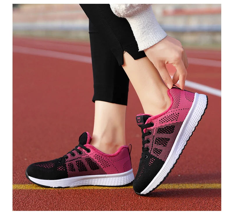 Women Casual Shoes Breathable Walking Mesh Lace Up Flat Shoes Sneakers Women Tenis Feminino Pink Black White - reetell