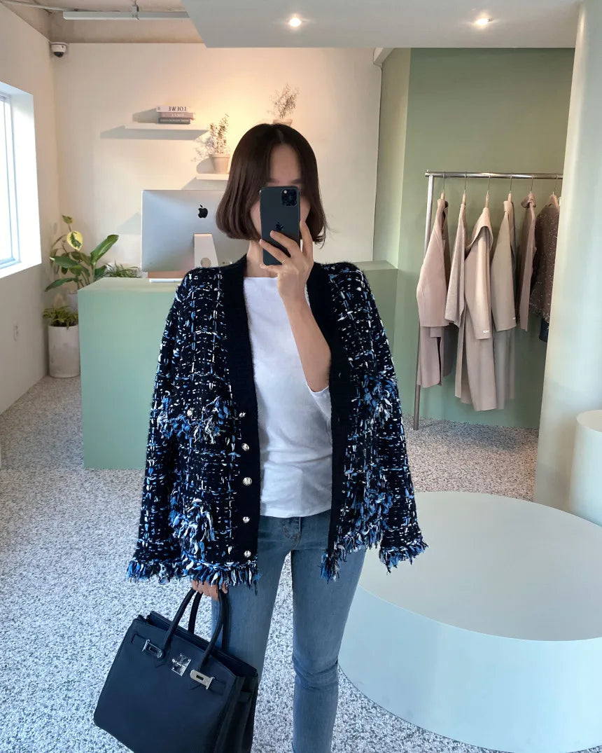 Korea Chic Autumn Winter V-Neck Tassel Wool Mixed Color Knitted Cardigan Coat Women's Loose Long Sleeve Sweater Knitwear 2023 - reetell