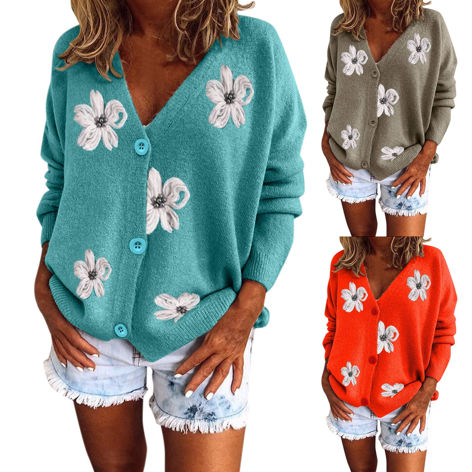 Women Cardigan Daisy Embroidery Knitted Sweater Single Breasted Full Sleeve V-Neck Autumn Outwear Green Cardigan Floral Pattern - reetell