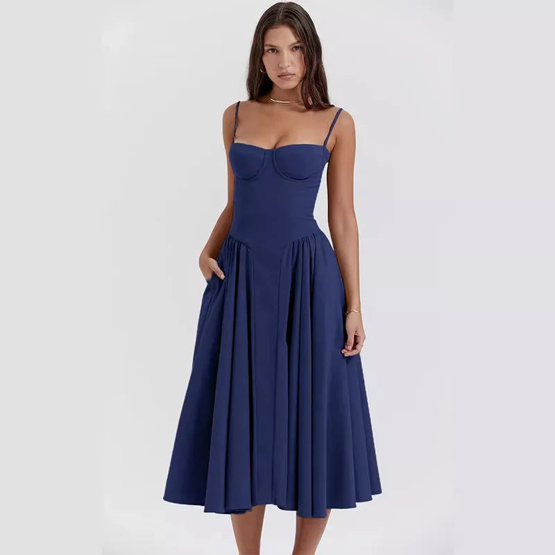 Sexy Solid Pleated Hem Sling Dress Women Fashion Midi Sleeveless Backless Dresses Female 2024 Summer Party Evening A-line Robes - reetell