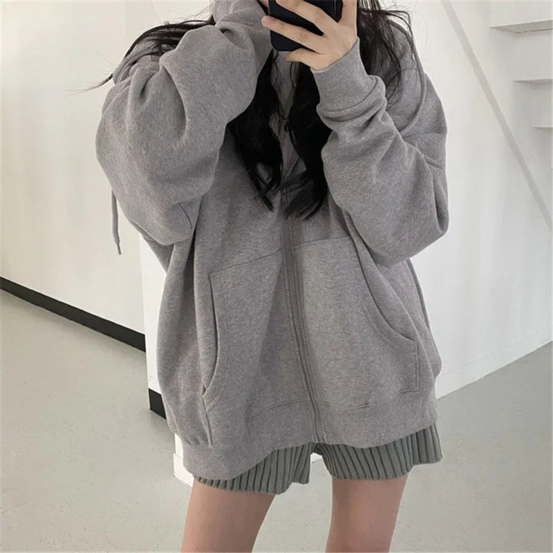 Lucyever Gray Zip Up Hoodie Coat Women Streetwear Harajuku Oversized Hood Jacket Female Autumn Retro Solid Color Sweatshirts - reetell