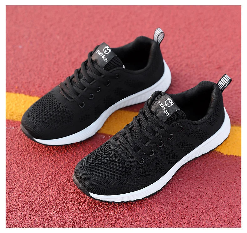 Women Casual Shoes Breathable Walking Mesh Lace Up Flat Shoes Sneakers Women Tenis Feminino Pink Black White - reetell