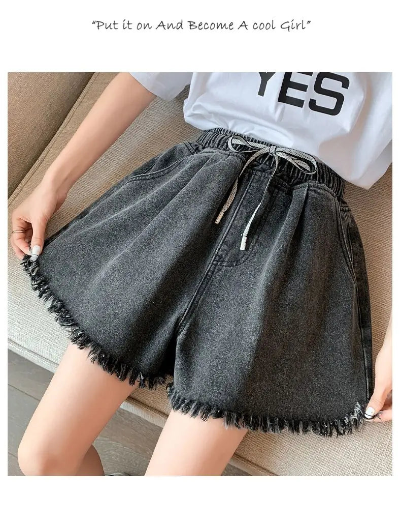 Big Size Denim Shorts Summer Thin Section Wide Leg Wide Loose Tight High Waist Female Students Fattening Women Tassel Wide - reetell