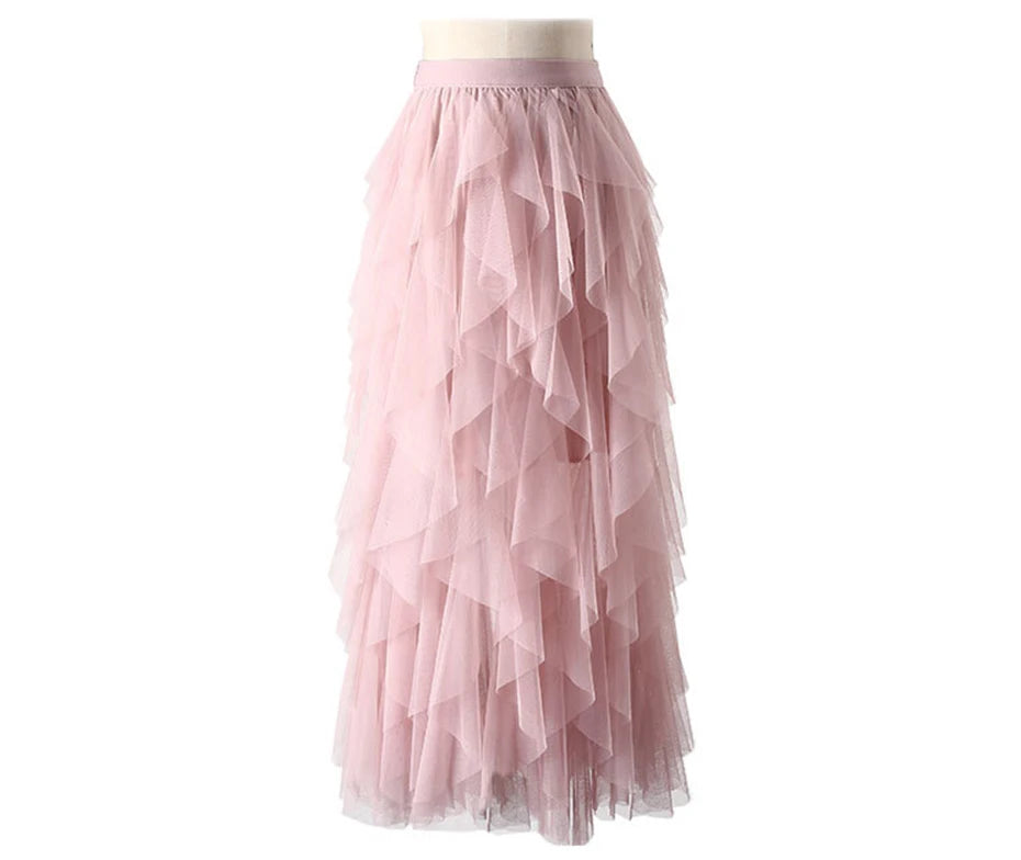 Tutu Tulle Long Maxi Skirt Women Fashion 2022 Korean Cute Pink High Waist Pleated Skirt Mesh Female Lady Aesthetic Faldas - reetell