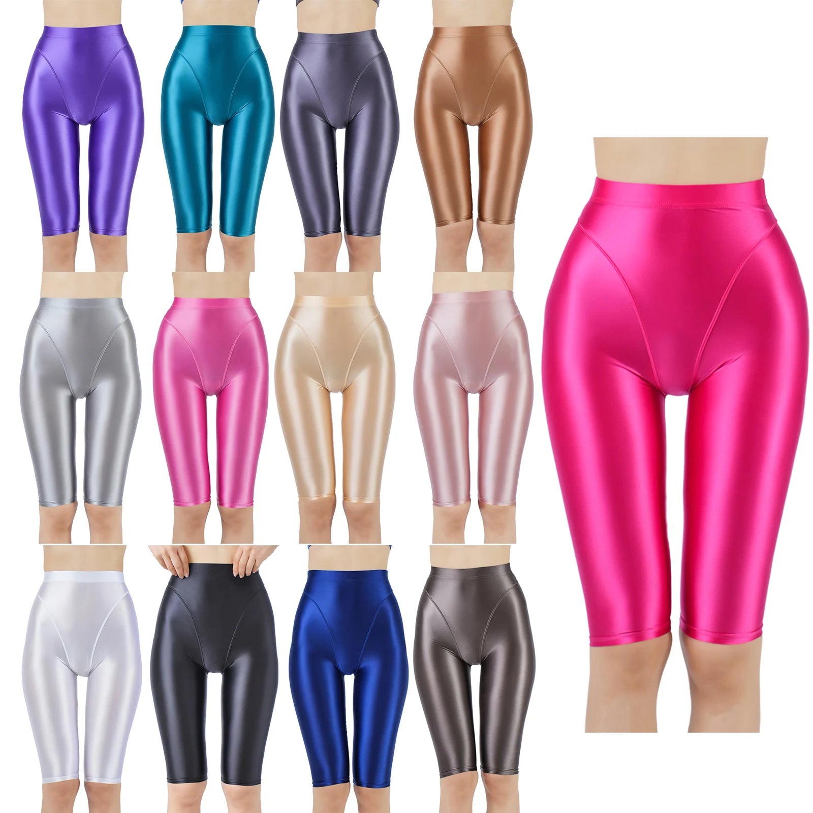 Woman's Shiny Oil Shorts High Waistband Fake Brief Capri Shorts Leggings Rave Party Club Dance Bottoms Sports Boyshorts - reetell