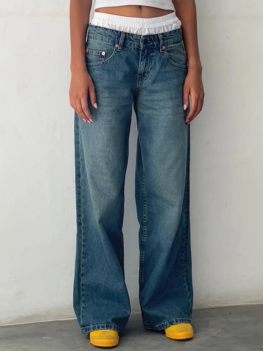 Y2k Vintage Low Rise Jeans for Women Jeans Wide Straight Leg Baggy Jeans Boyfriend Denim Pants with Pocket Streetwear - reetell