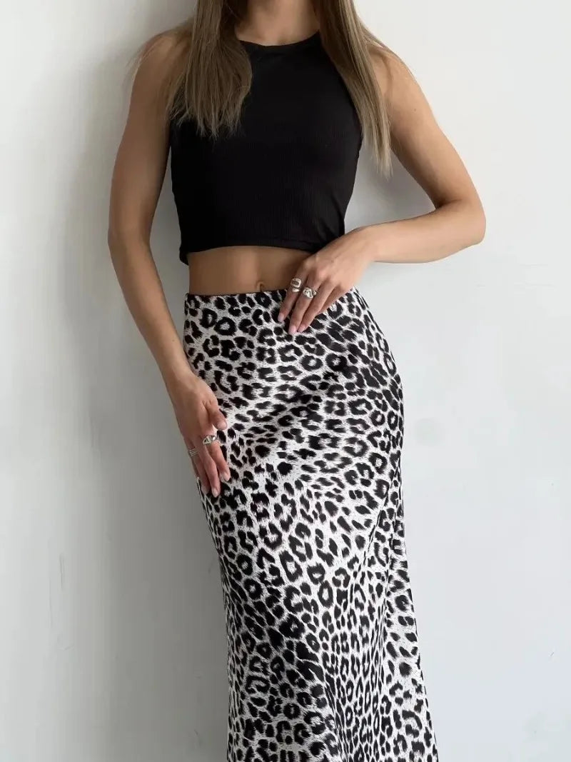 Sexy Leopard Print Long Skirts For Women 2024 Summer Fashion Vintage Women's Satin Maxi Skirt Female High Waist A-Line Skirt - reetell