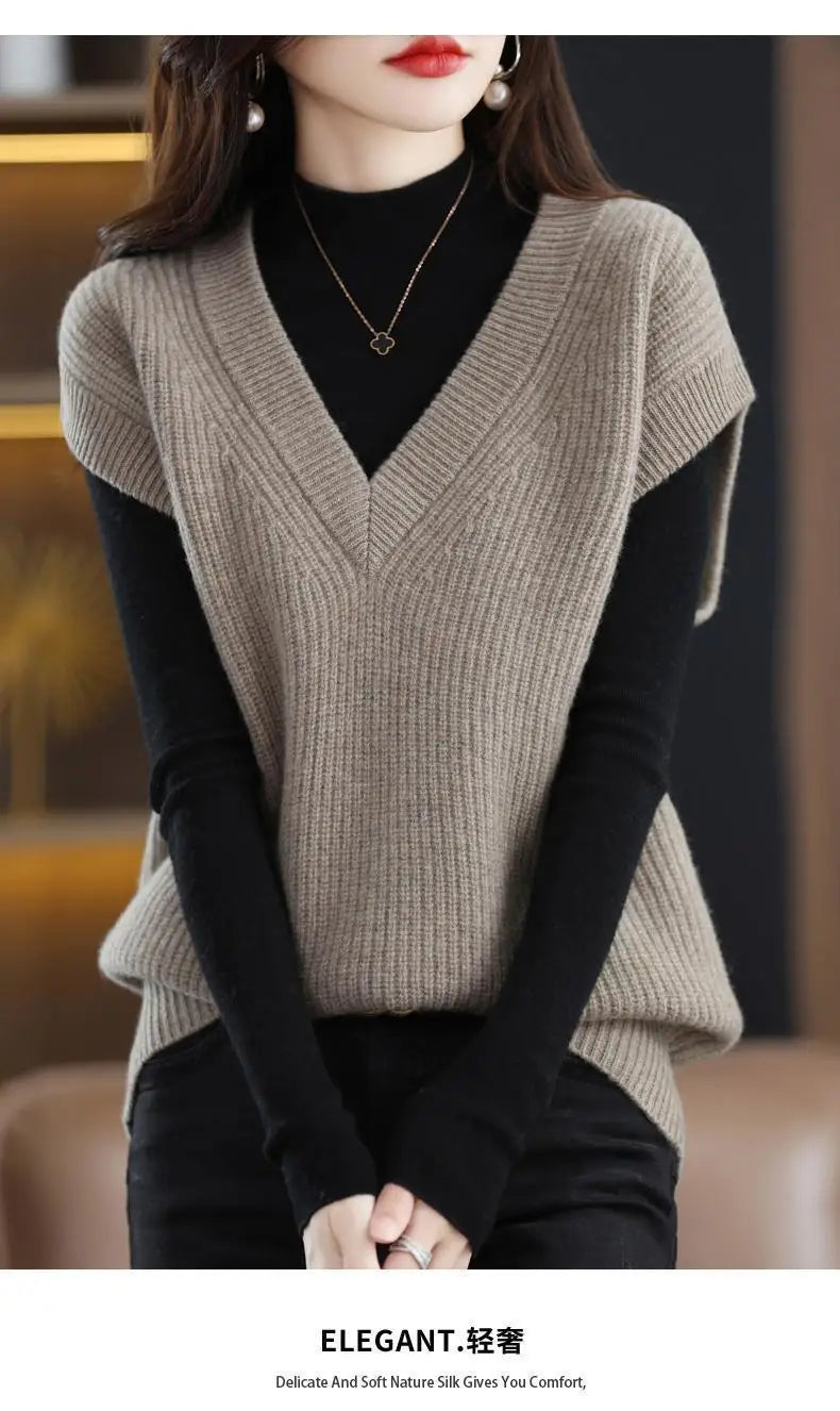 Knitted Jacket Sweater Women's Vest Sleeveless Coat Wool Blended V-Neck Pullover Spring Autumn Fashion Women's Top - reetell