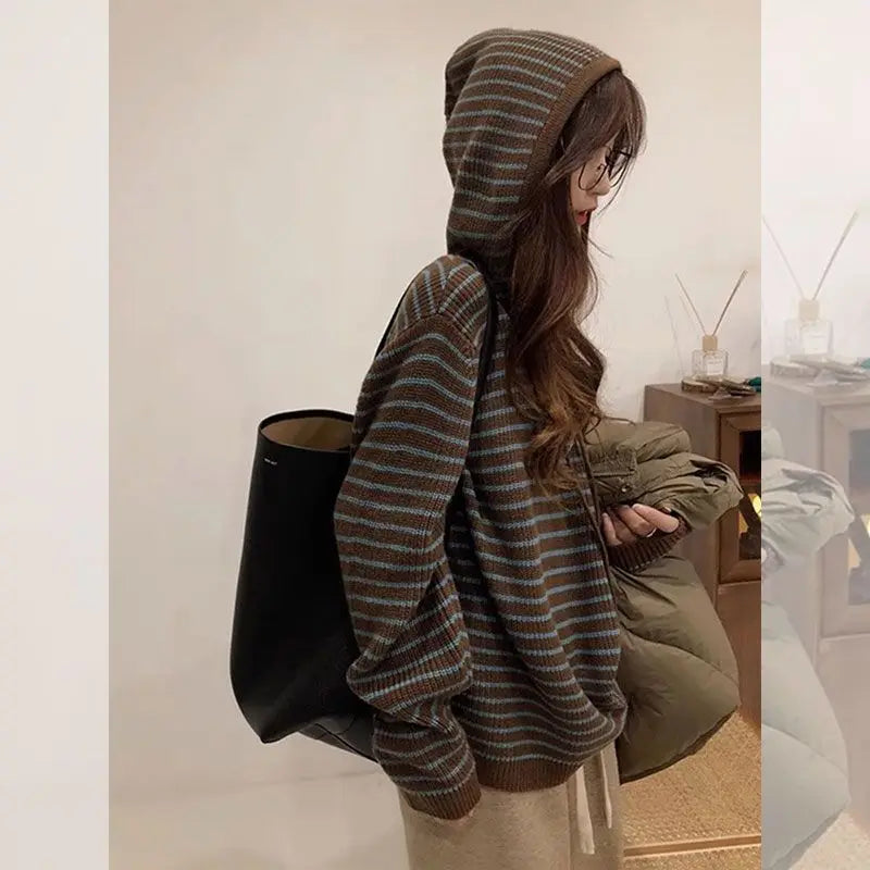 2023 New Tops Wide Casual Korean Hooded Striped Fashion Sweater Outer Wear Women Autumn and Winter - reetell