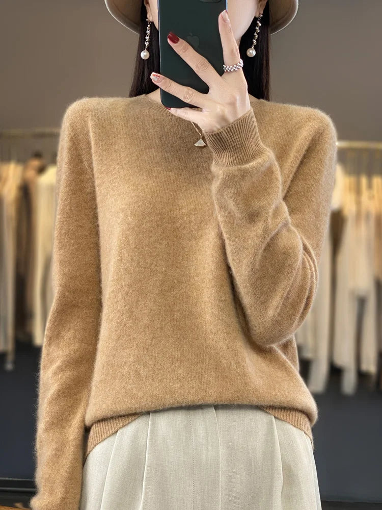 100% Merino Wool Sweater Women  Cashmere Pullover Knitwear Autumn Winter O-neck Solid Color Fashion Basic Female Clothes Tops - reetell