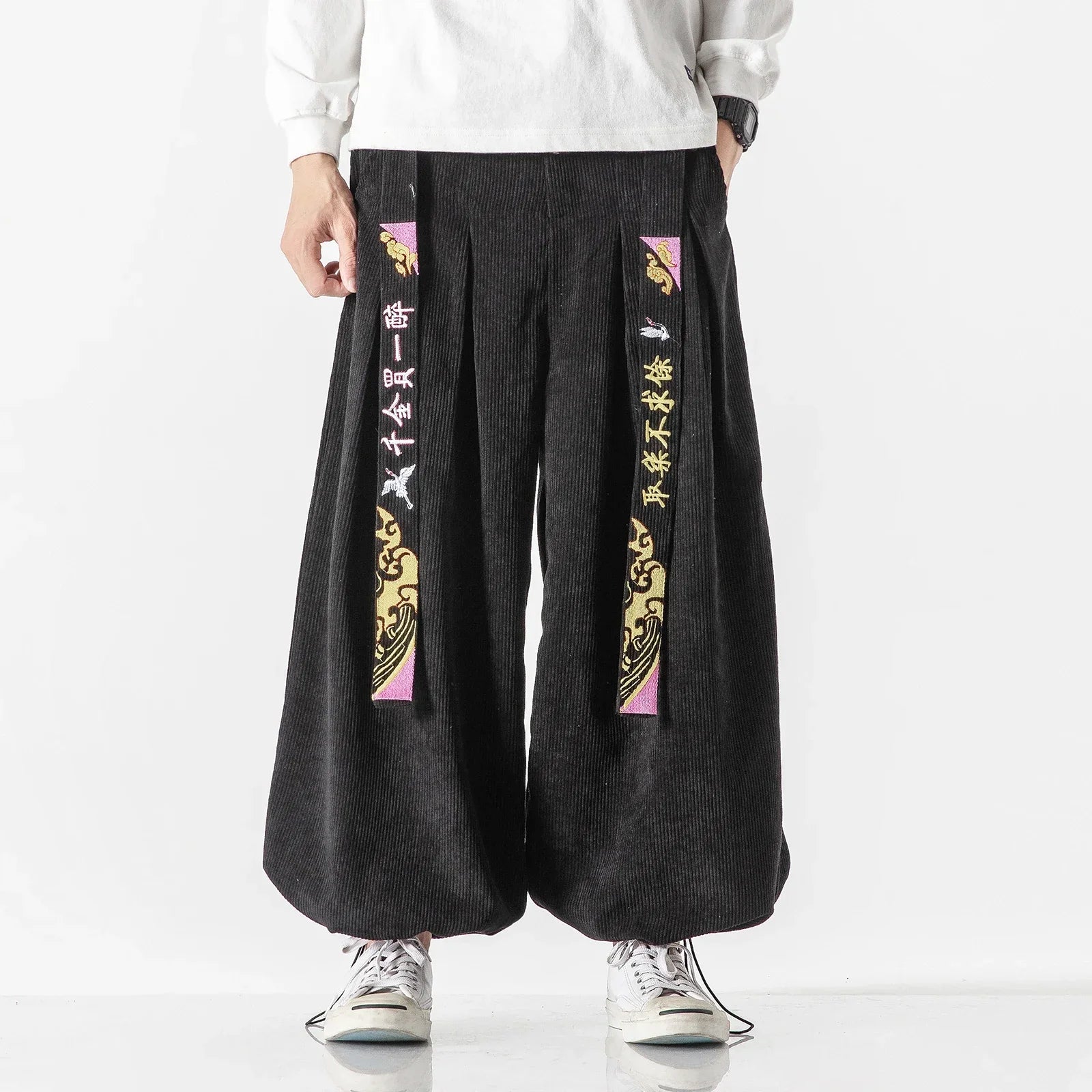 Chinoiserie Belt Men Pants Fashion Loose Harajuku Sports trousers Hip Hop Jogging Pants Corduroy Casual Couple Harem Pants M-5XL