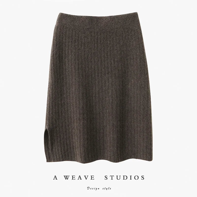 Women's Knitted Skirt 100% Merino Wool Sheath Skirt Solid Color Autumn/Winter Fashion Vertical Strip Wrap Hip Skirt Split Skirt - reetell