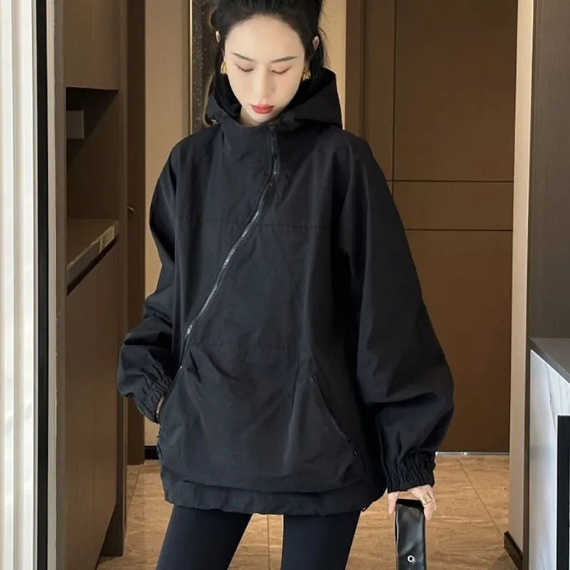 Gidyq Streetwear Women Sweatshirt Korean Fashion Designed Zipper Loose Hoodies Autumn Casual All Match Female Pocket Coats New - reetell