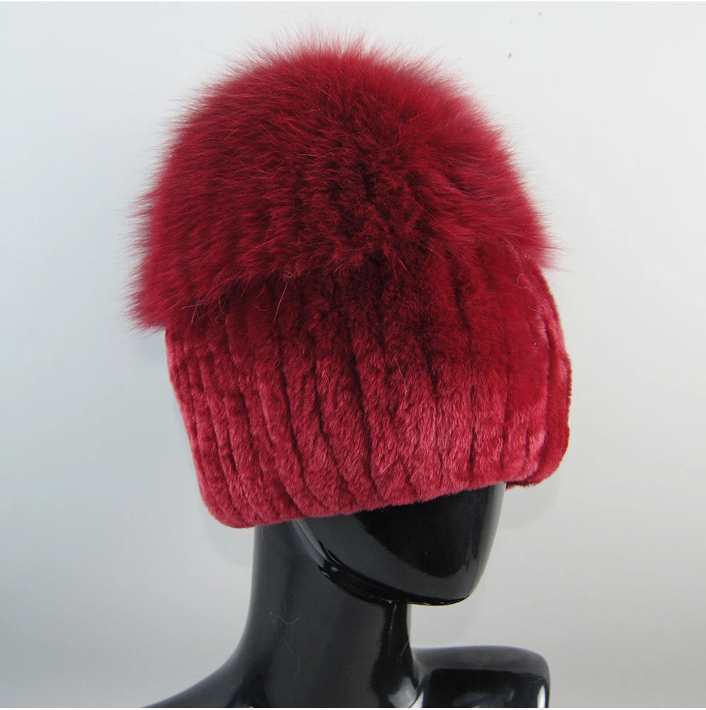 2024 Lady Winter Real Fur Hats Women Warm Knitted Genuine Rex Rabbit Fur Hat Top Natural Fox Fur Bomber Caps Rex Rabbit Fur Cap - reetell