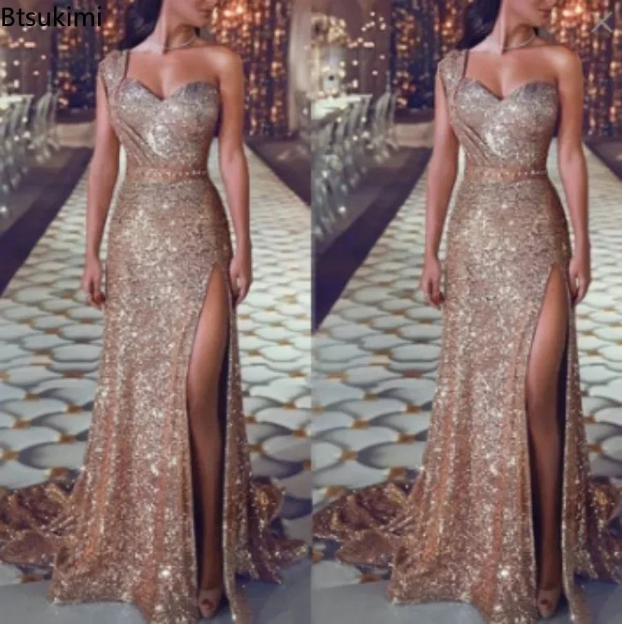 2024 Women's Wedding Party Dress Evening Elegant Sexy Deep V Neck One Shoulder Sleeveless Sequined Long Maxi Dresses For Women - reetell