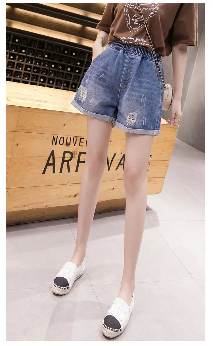 Large Size Broken Hole Cowboy Shorts Women Thin Section Wide Loose Tight High Waist Skinny A Word Wide Leg Fattening Hollowing - reetell