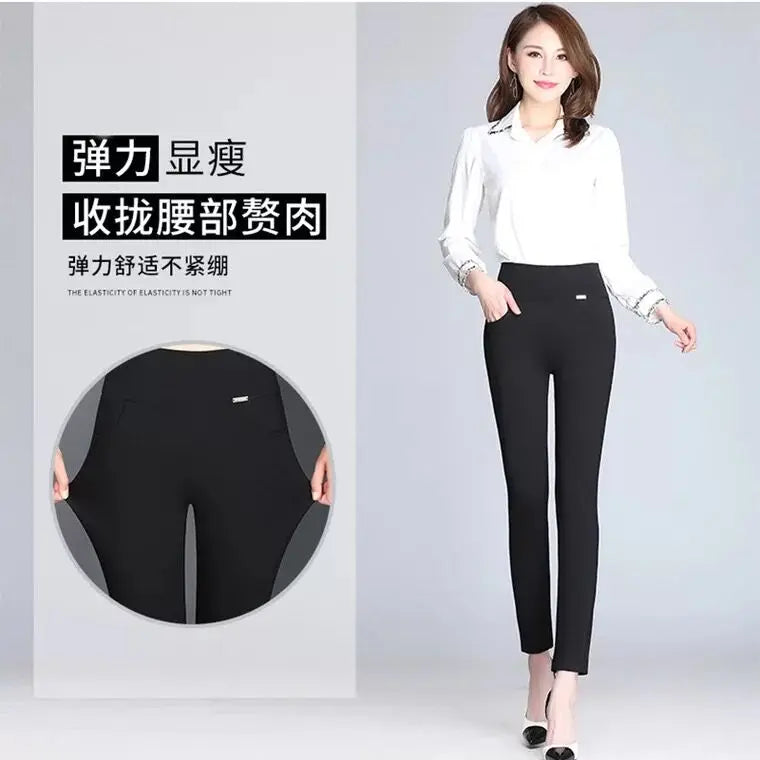 Spring New Korean Black High Waisted Elastic Leg Pencil Pants Women's Solid Pockets Versatile Fashion Casual Straight Trousers - reetell