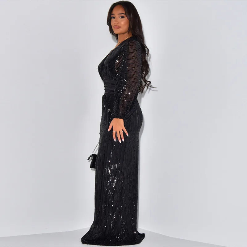 Women Sequins Splice Dress V Neck Full Sleeve A Line Evening Dresses Party Solid High Waist Long Skirts Office Lady Prom - reetell