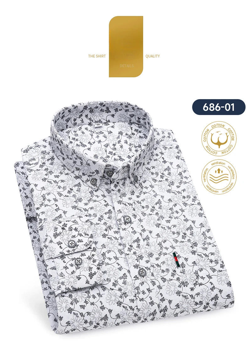 Fashion korean100%cotton casual long-sleeve shirts for men slim fit plain tops print designer vintage elegant clothes streetwear