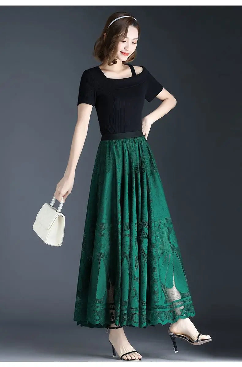 Fashion Elastic Waist Spliced Gauze Lace High Waist Skirt Women's Clothing 2024 Spring New Loose Solid Color Office Lady Skirts - reetell