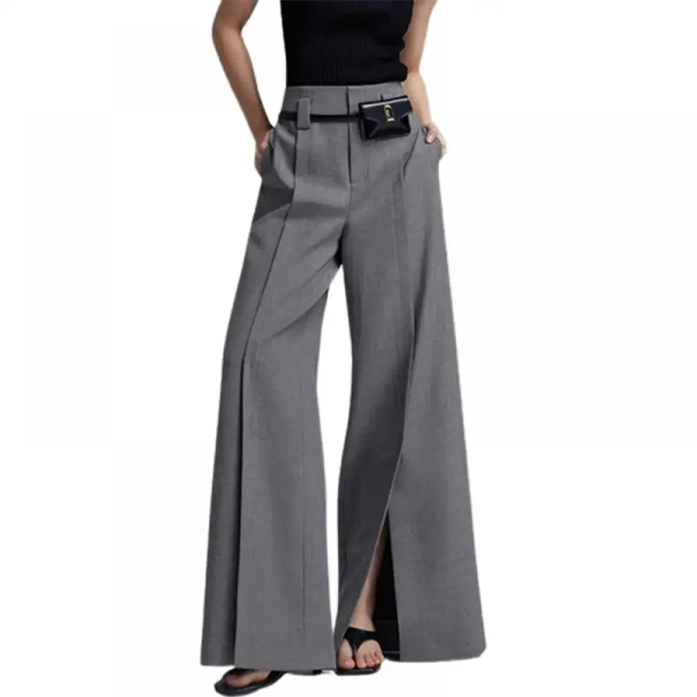 Yeezzi Urban Female Suit Pants 2024 New Fashion Black White Color Loose Straight Pant High-Waisted Pleated Split-Front Trousers - reetell