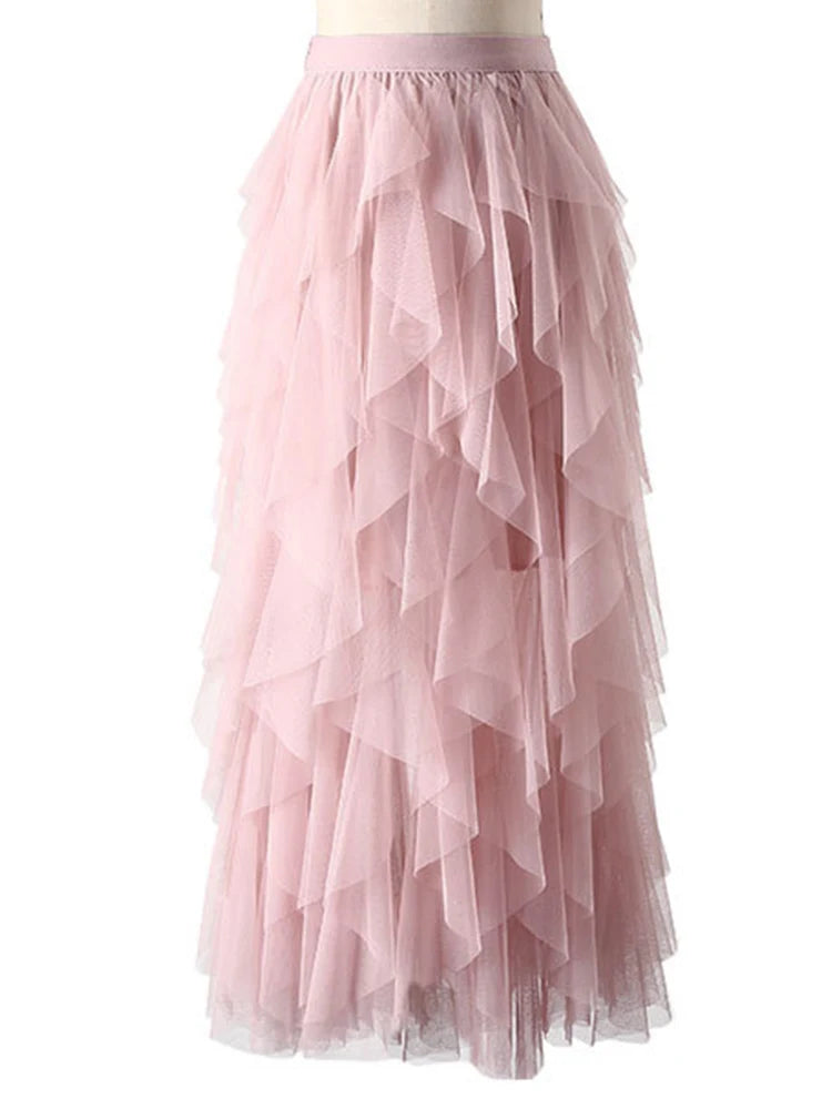 Tutu Tulle Long Maxi Skirt Women Fashion 2022 Korean Cute Pink High Waist Pleated Skirt Mesh Female Lady Aesthetic Faldas - reetell